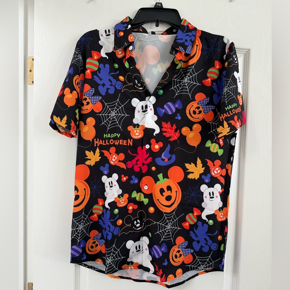 Disney Hawaiian shirt with Halloween print. 100% wrinkle resistant polyester.